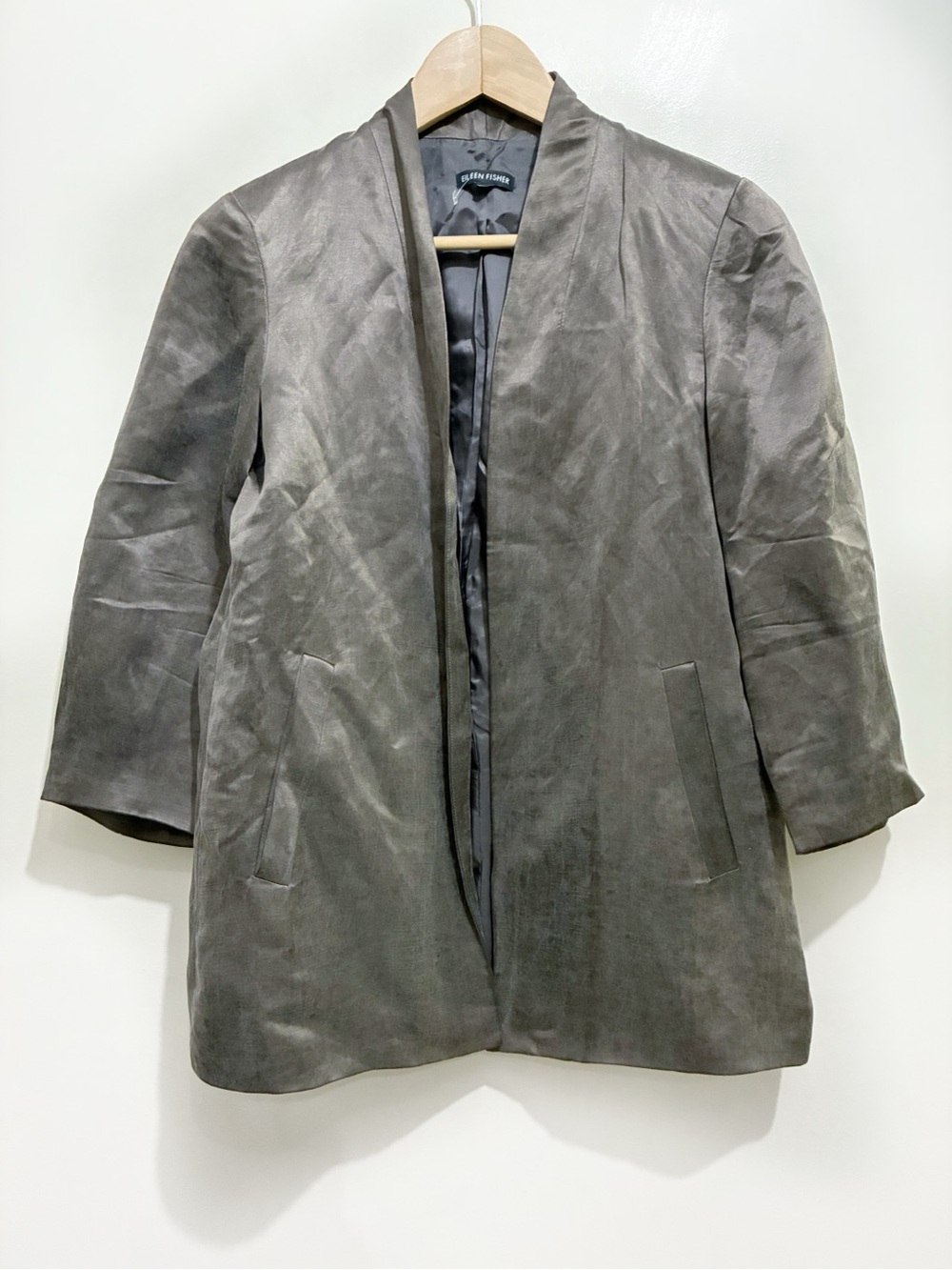 Eileen Fisher Linen Silk Blend Loose Open Blazer Size Small Brown Grey Taupe - Picture 2 of 11